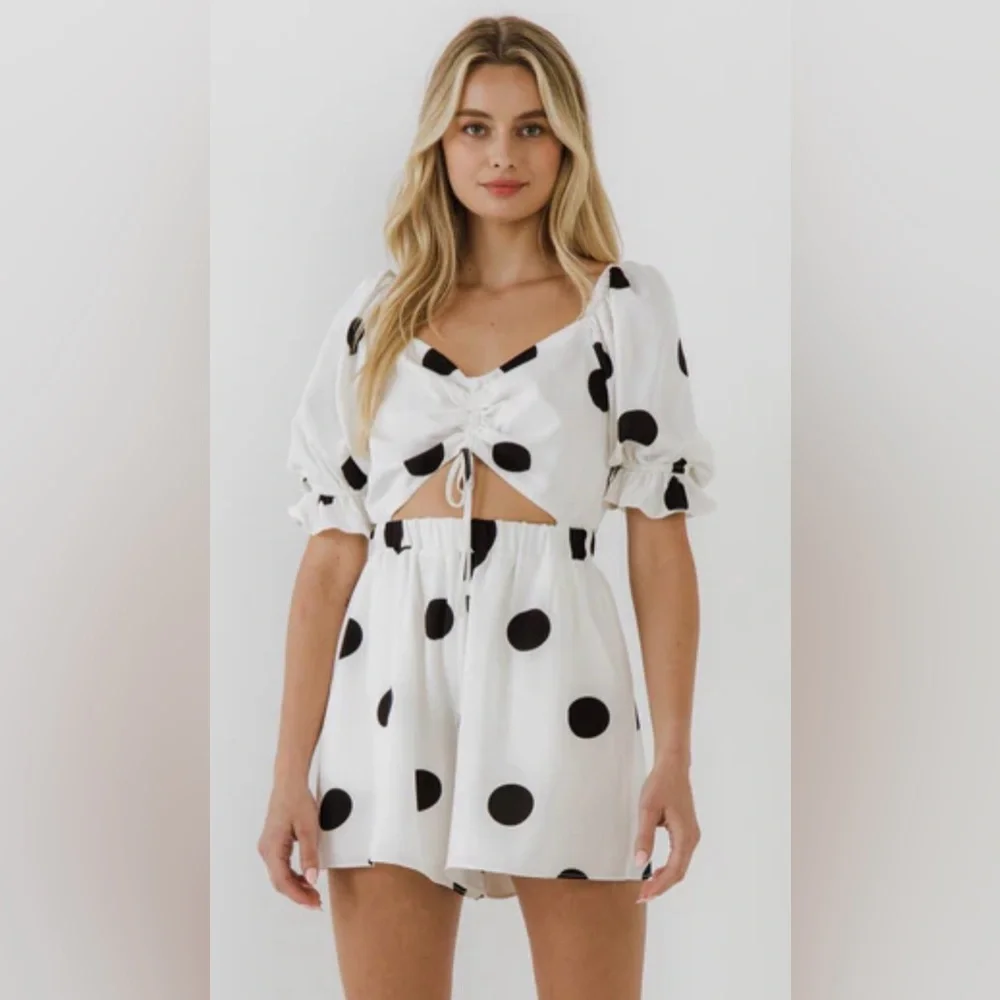 Free the Roses White with Black Polka Dots Romper - Picture 1 of 7